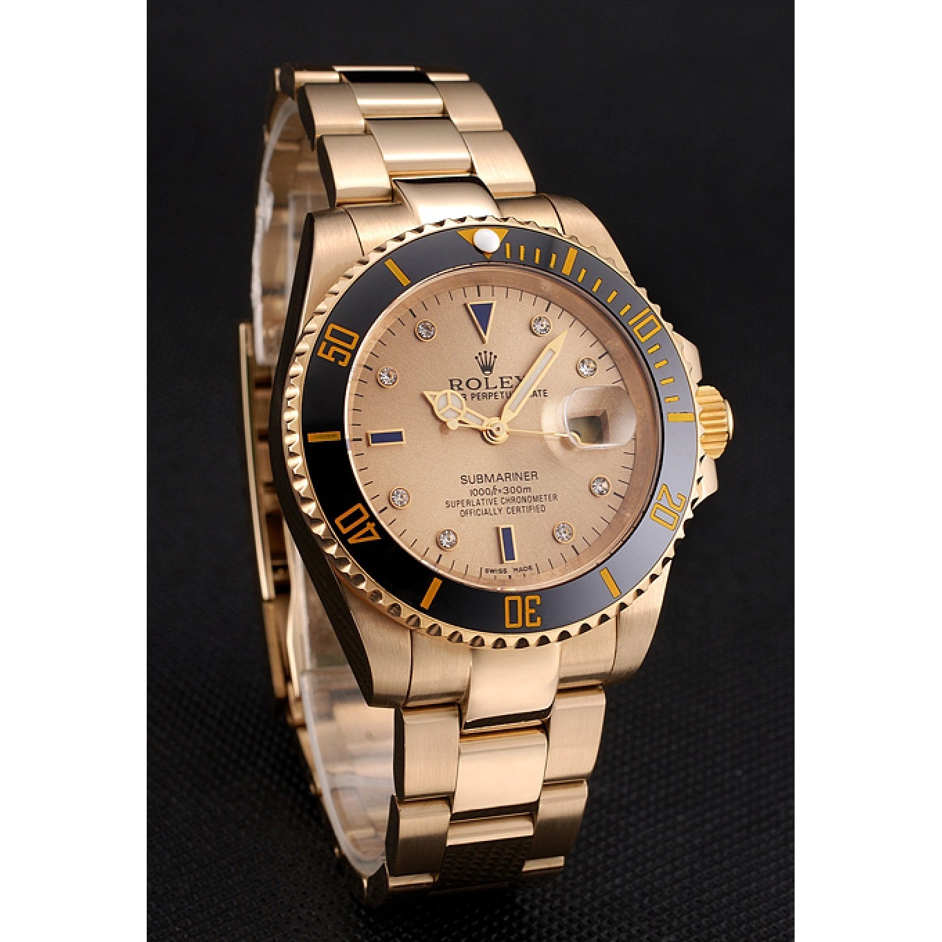 Aaa replica watch Markings With Case Yellow Swiss Diamond Black Dial Gold Submariner Bracelet Bezel Rolex Gold And 0530